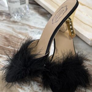 Poetic License Black and Gold Feathered Heels